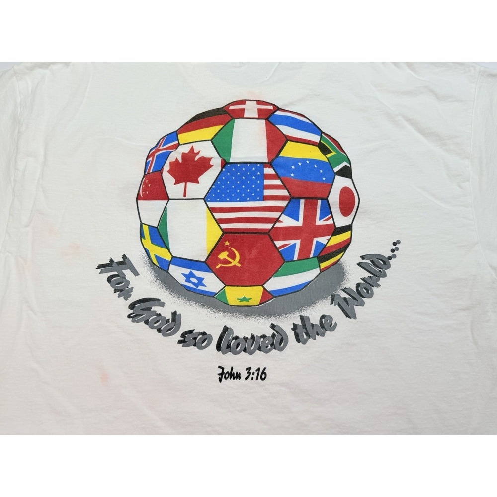 Vintage Delta Pro Weight John 3:16 World Soccer Flags T-Shirt XL USA Made - Picture 3 of 9